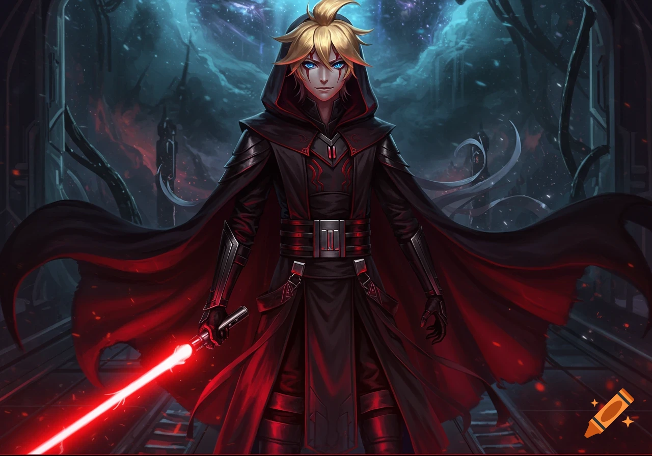 Anime-style Kagamine Len as a Sith Lord in a dark robe holding a red lightsaber, standing in a futuristic environment.