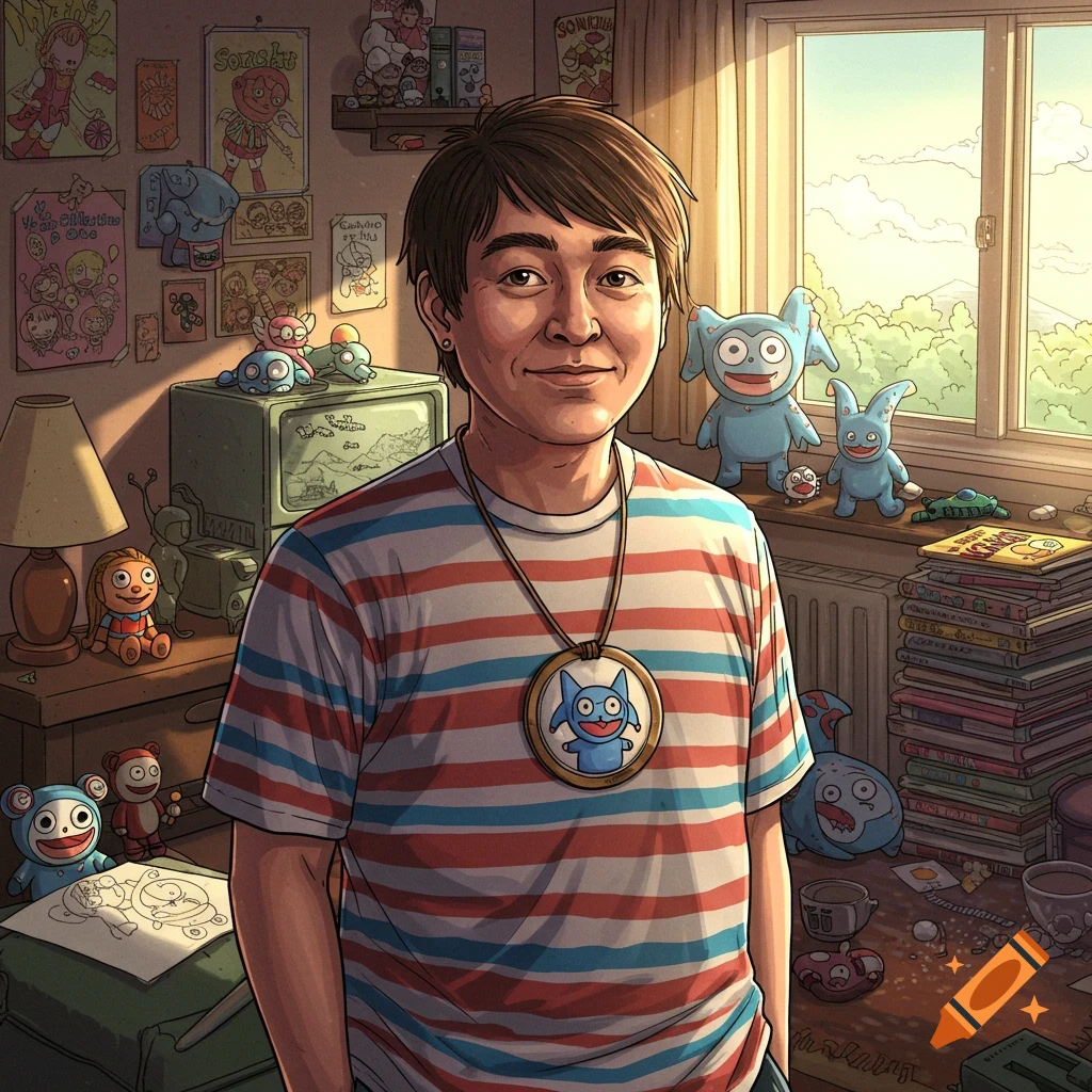 Cartoon man with short hair and a striped shirt, wearing a blue creature pendant, stands in a cluttered room filled with cartoon posters and toys.