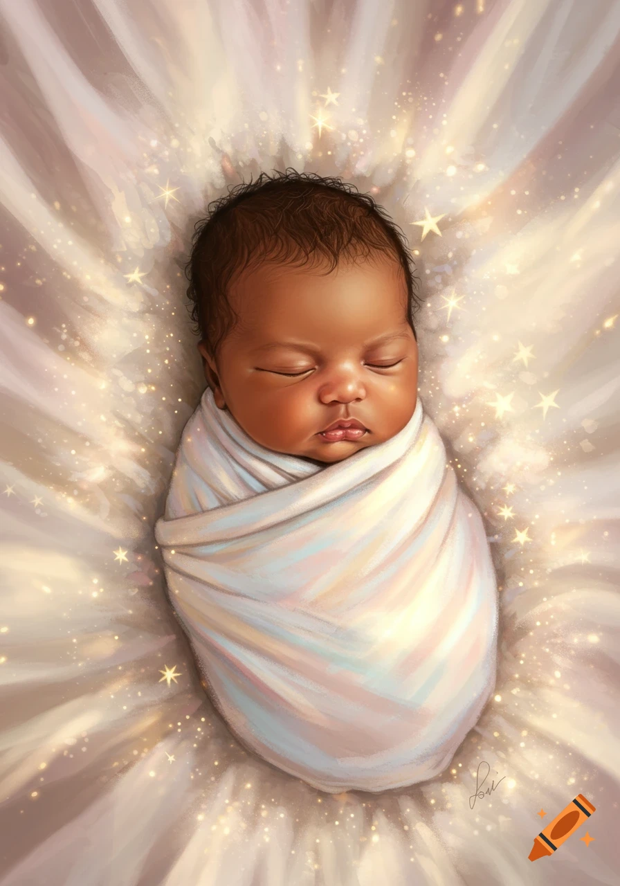 Illustrated sleeping dark-skinned newborn baby swaddled in a white blanket, surrounded by glowing stars and soft light.