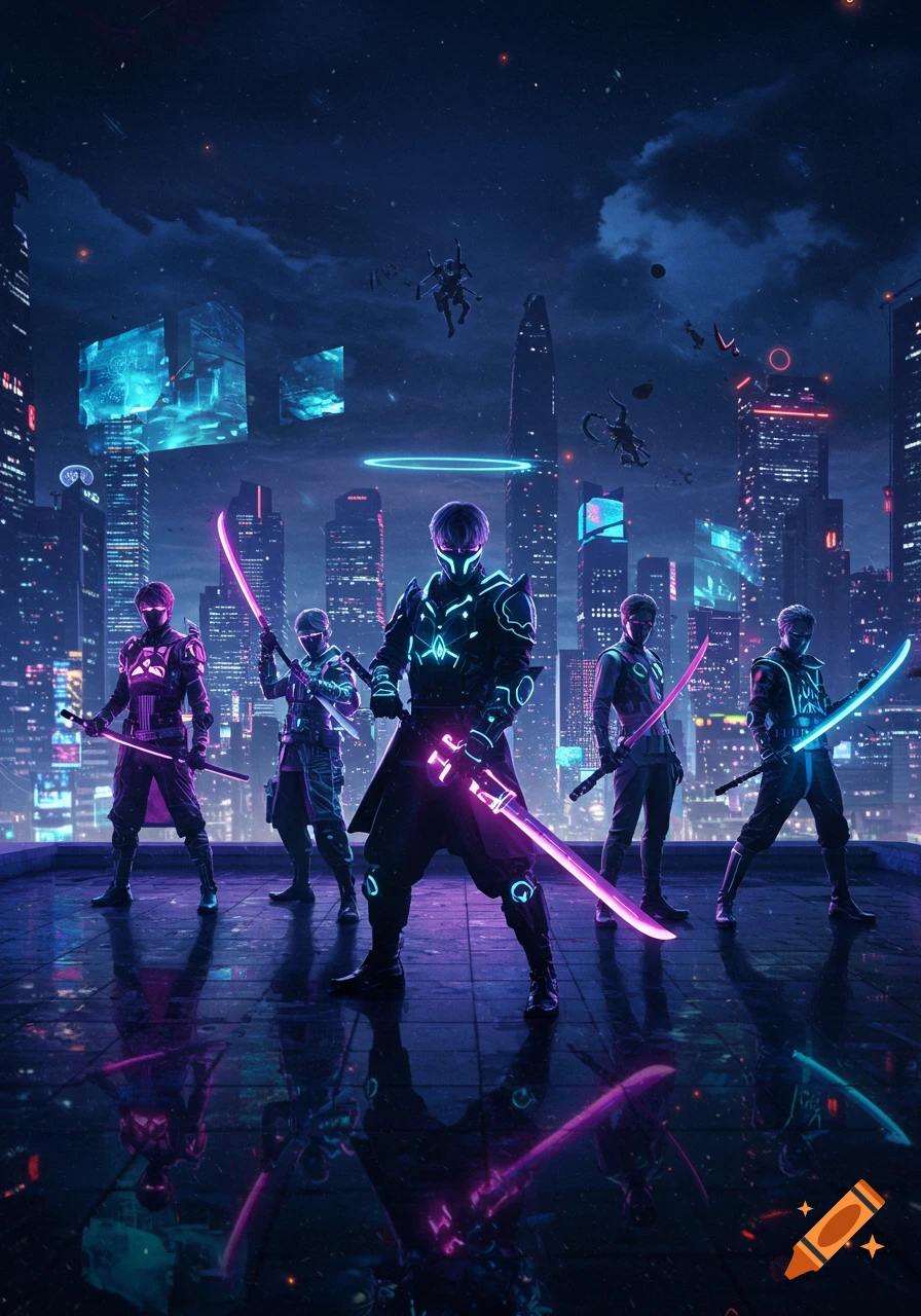 Five futuristic warriors with glowing swords stand on a wet rooftop, overlooking a neon-lit cyberpunk city at night.