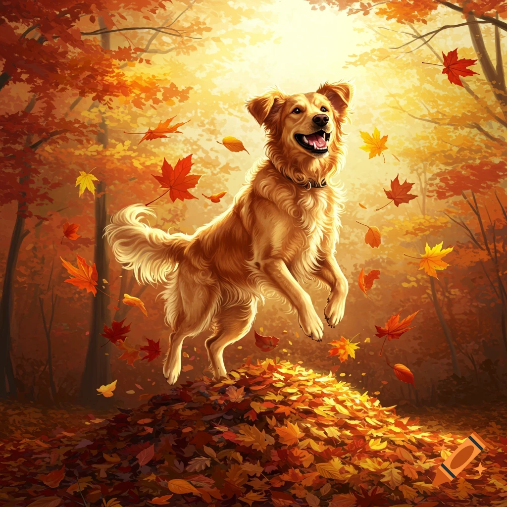 A happy Golden Retriever dog leaps into a large pile of vibrant autumn leaves in a sunny forest.