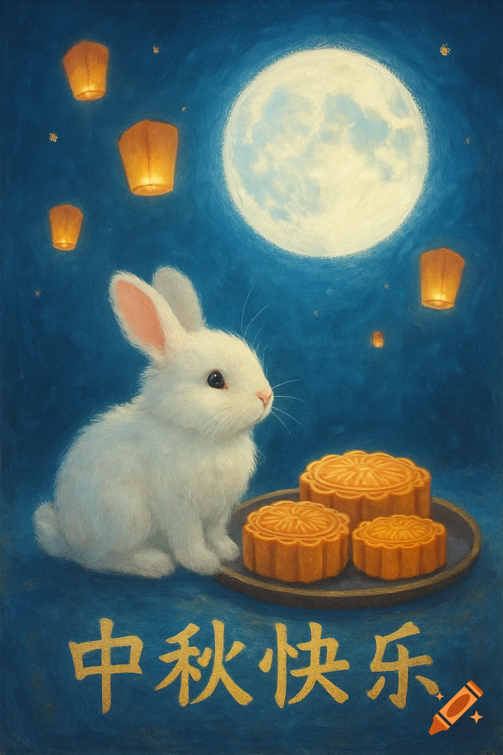 Illustration of a white rabbit with mooncakes under a full moon, sky lanterns, and Chinese text.