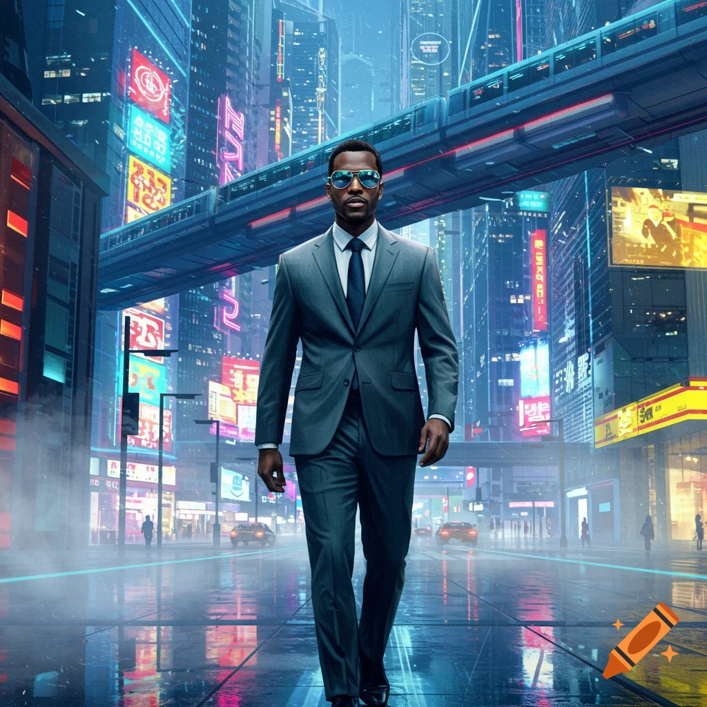 A man in a suit and sunglasses walks through a neon-lit futuristic city with an elevated metro train overhead.