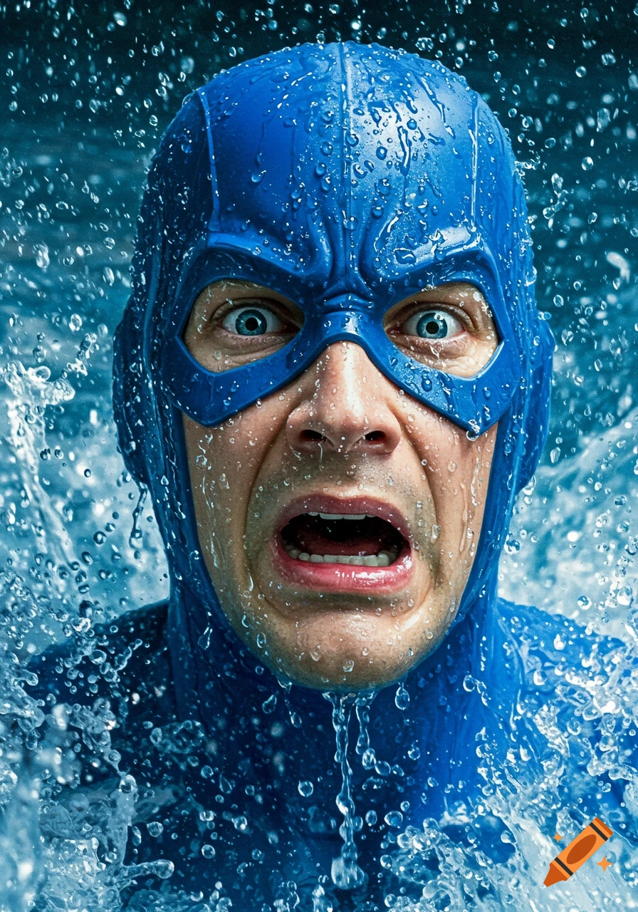 Close-up of a blue-masked superhero with wide eyes and open mouth, covered in splashing water droplets, expressing mild horror.