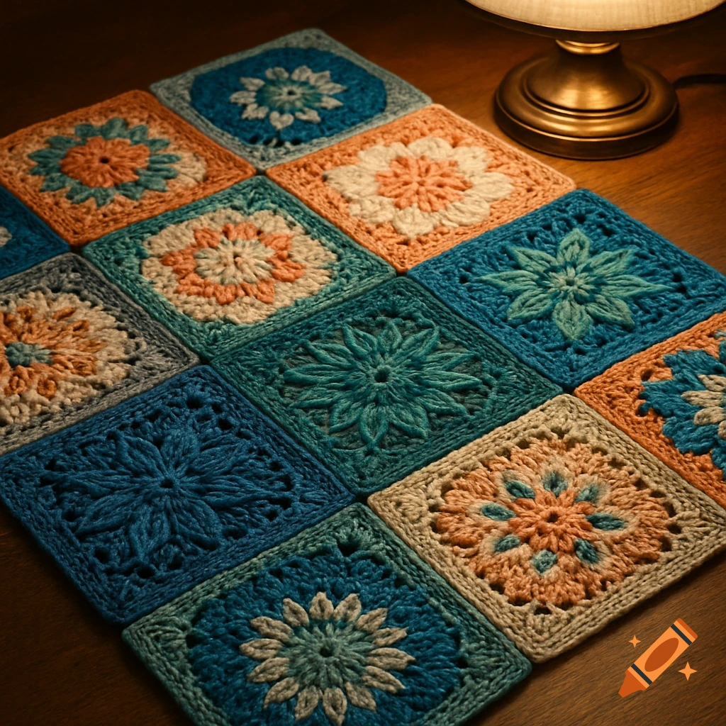 Close-up of a grid of colorful crocheted granny squares with floral patterns, illuminated by a warm lamp.