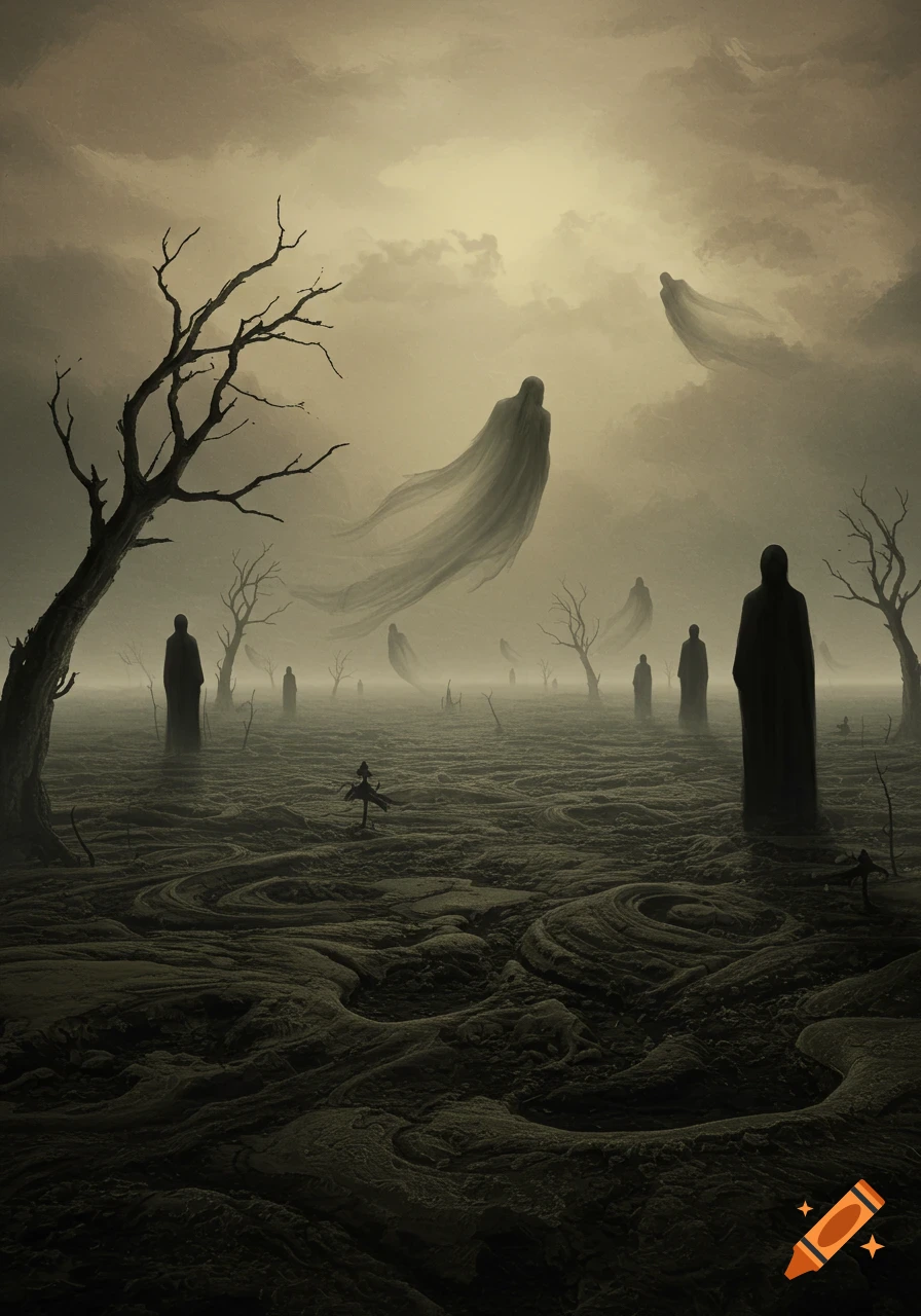 Dark, surreal painting of shadowy figures and barren trees in a desolate, misty landscape.