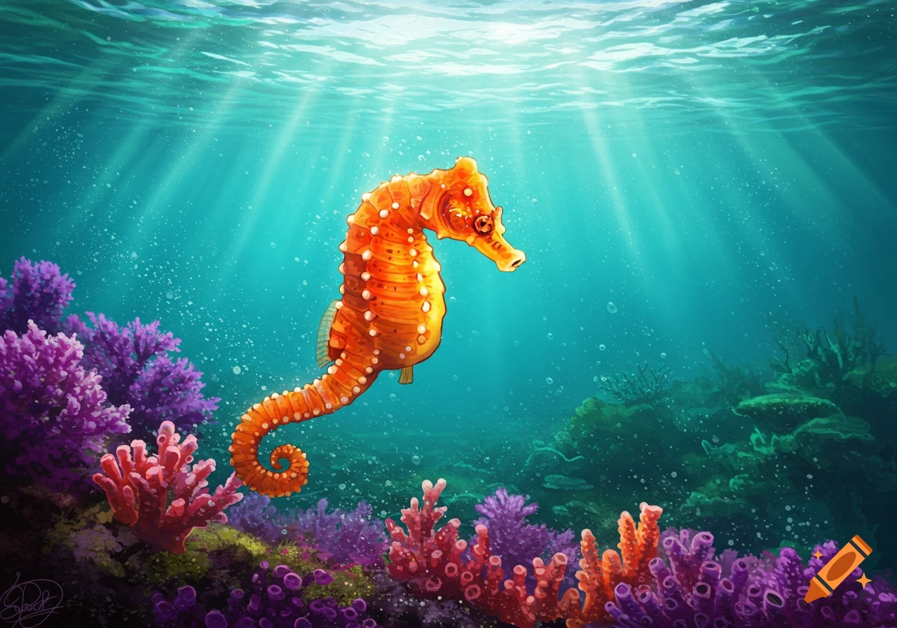 An orange seahorse swims among vibrant purple and red coral reefs in a sunlit underwater illustration.