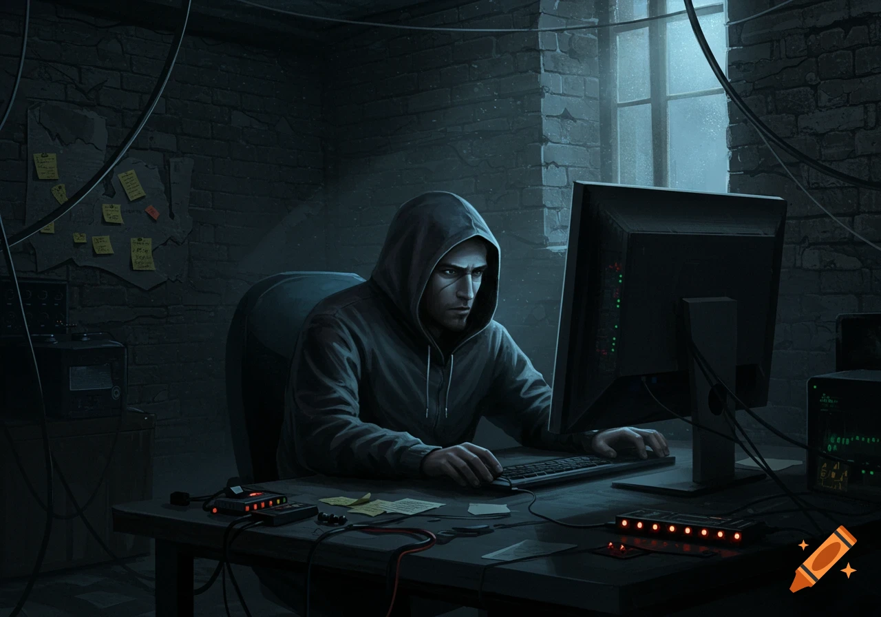 A person in a grey hoodie works on a computer in a dark basement with brick walls, lit by a window.