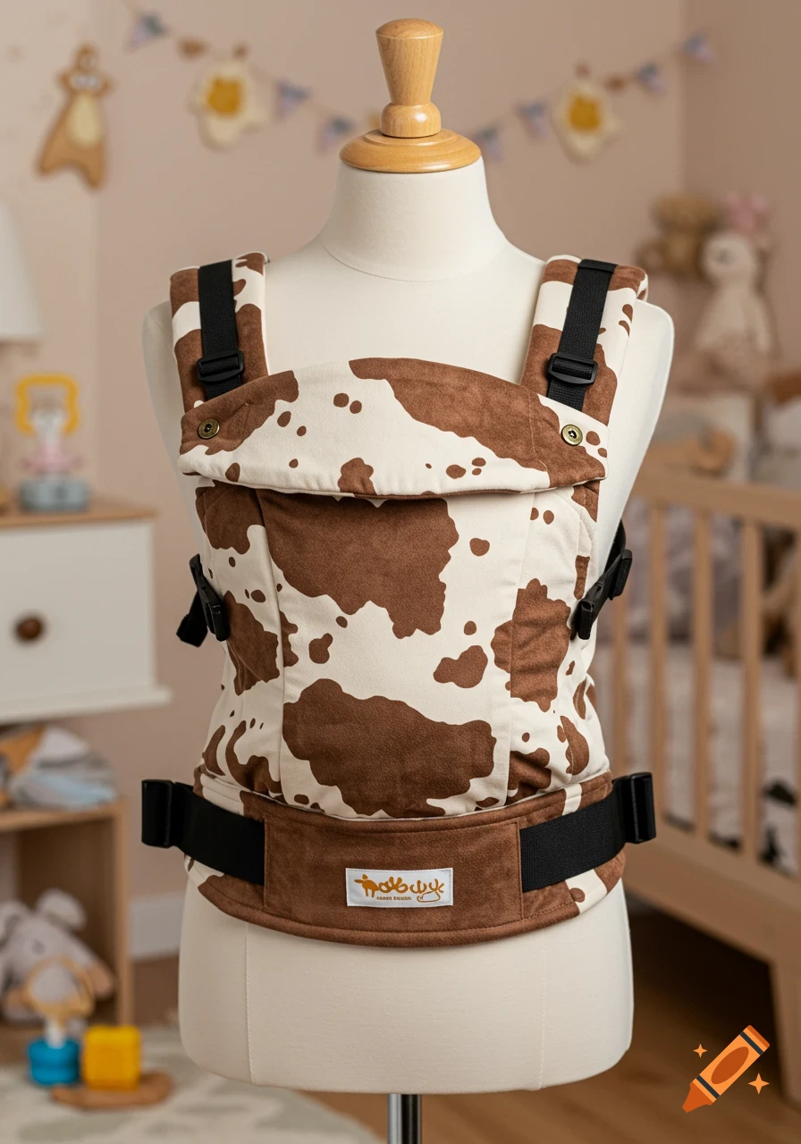 Baby carrier with a cream and brown cow print design on a mannequin in a nursery, with black straps and buckles.