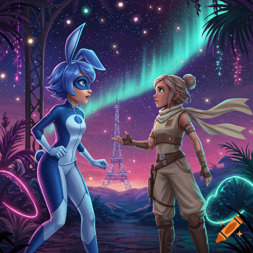 Two animated women, one in a blue bunny superhero suit and one in tan desert gear, converse under a starry sky with aurora and Eiffel Tower.