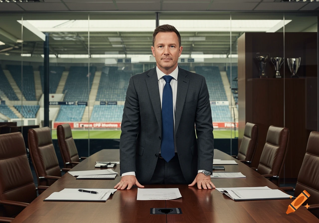 A man in a suit stands behind a conference table with papers, overlooking a stadium through a glass wall.
