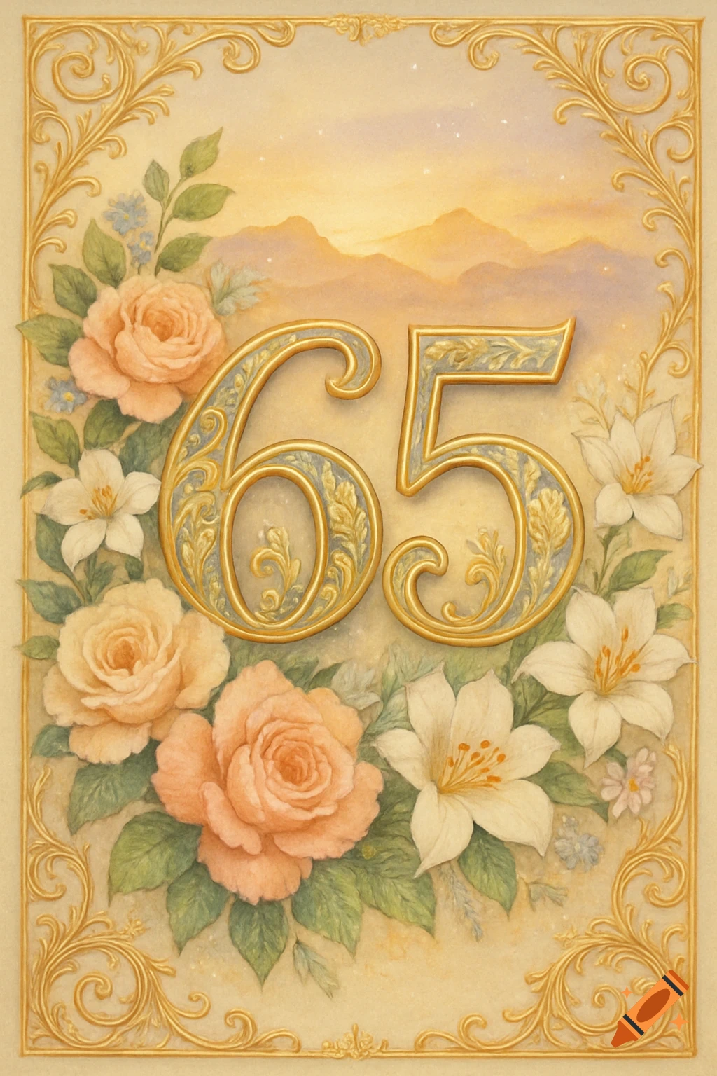 Decorative 65th birthday card with ornate golden numbers surrounded by peach roses and white lilies, in a watercolor style.