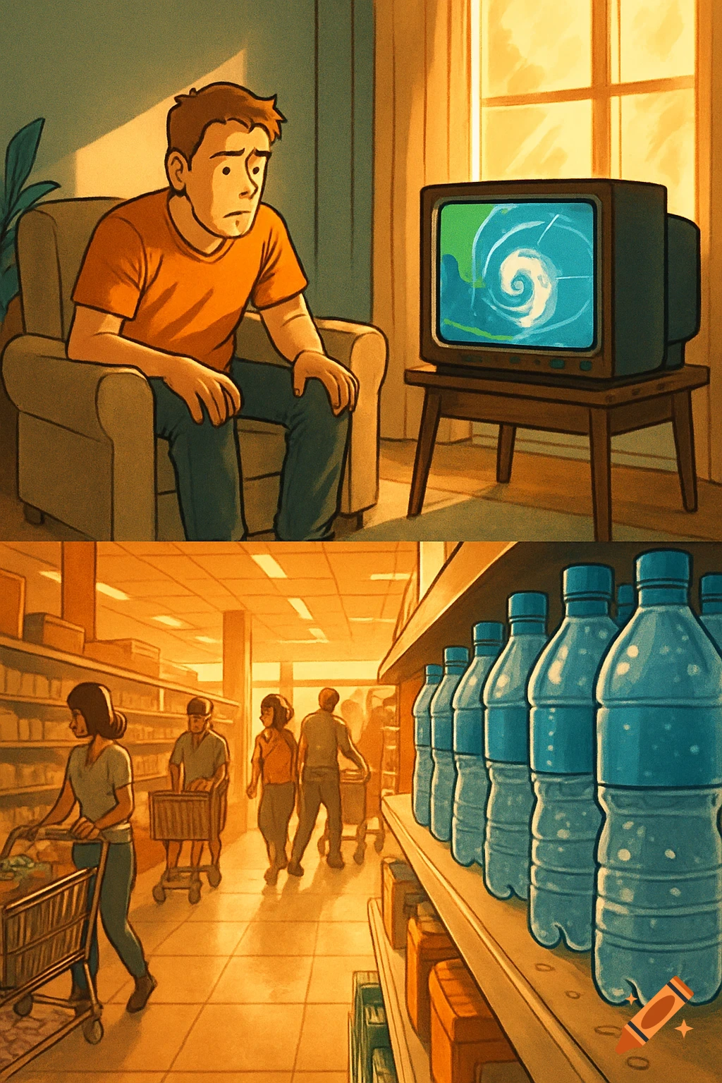 A cartoon split panel showing a man watching a storm on TV and people buying bottled water at a grocery store.
