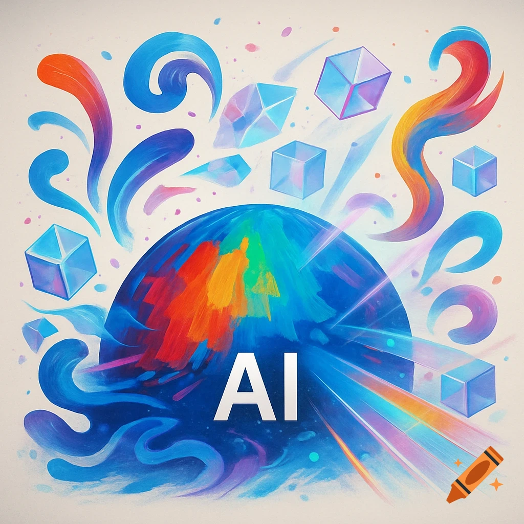 Colorful, stylized digital art of a blue sphere with 'AI' text, surrounded by abstract shapes and flowing lines.