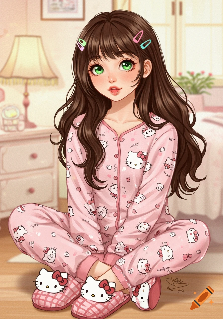 An anime girl with long brown hair, green eyes, wearing pink Hello Kitty pajamas and slippers, sitting on the floor in a bedroom.