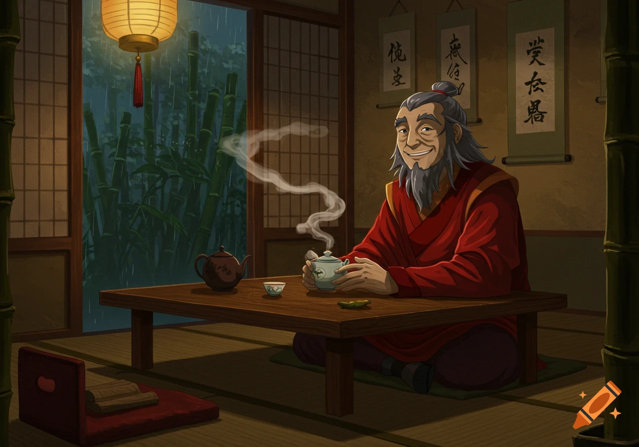 Iroh from Avatar the Last Airbender smiling, holding a teacup in a traditional Japanese-style room, with bamboo and rain visible outside.
