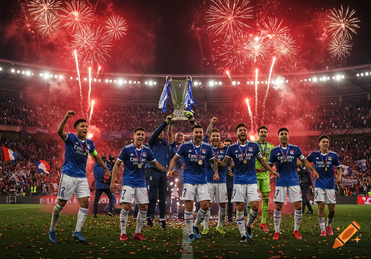 Soccer players in blue and white uniforms celebrate with a trophy under red fireworks in a stadium after winning a match.