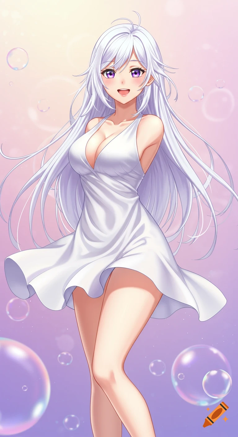 Anime woman with long white hair and purple eyes smiles while twirling in a white v-neck dress, surrounded by bubbles on a pastel background.