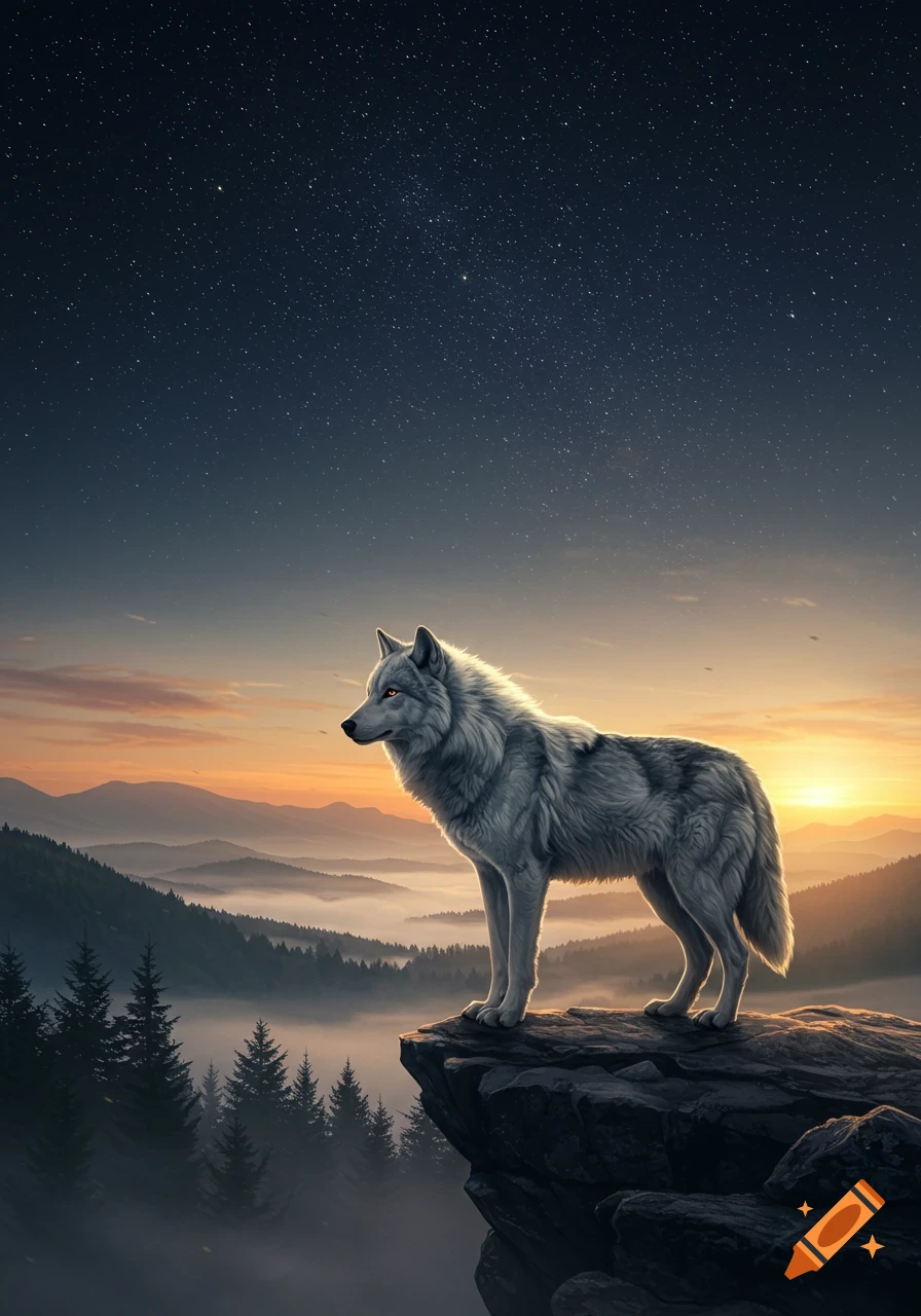 A majestic white wolf stands on a cliff, gazing over a foggy mountain valley under a starry sky at sunrise.
