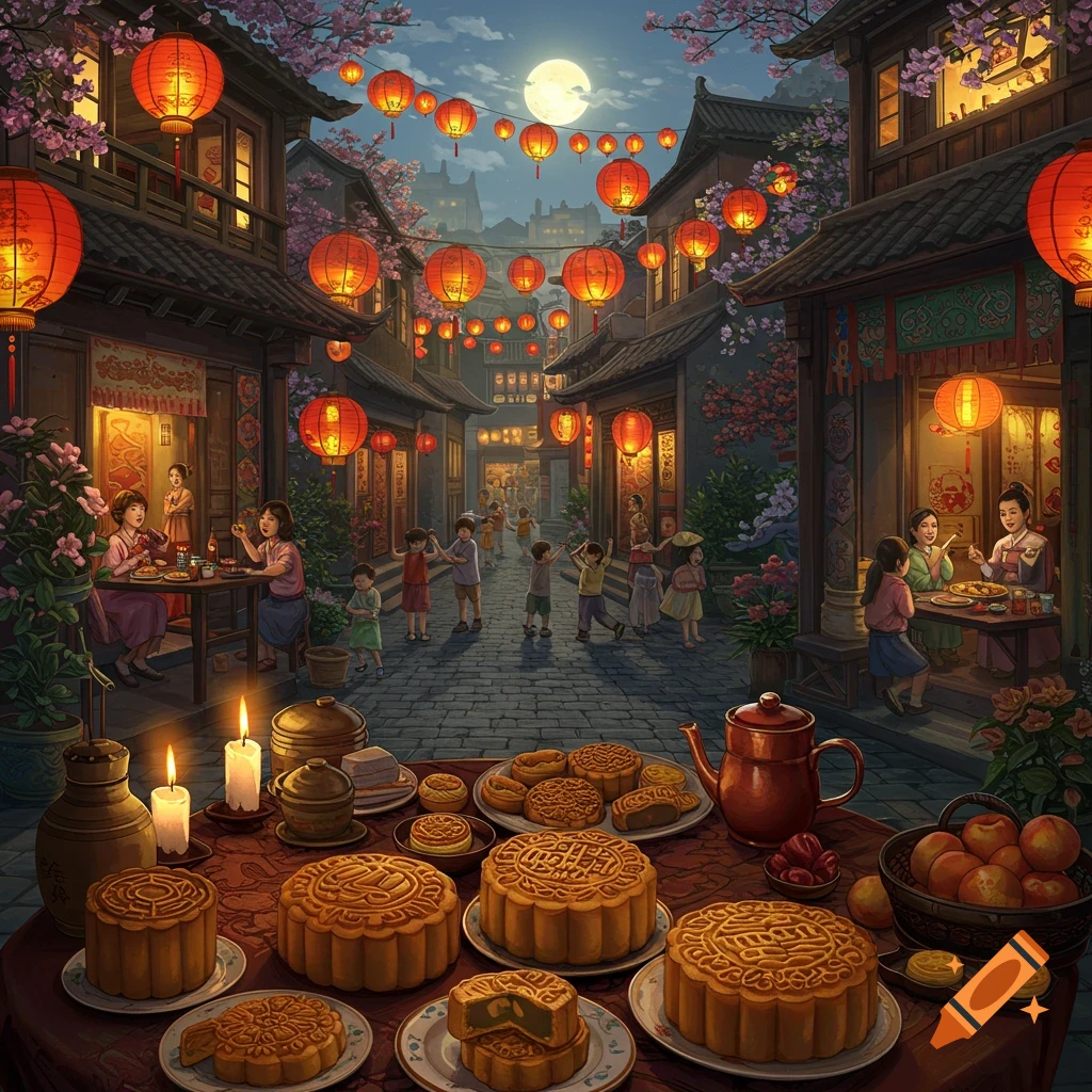 A vibrant Mid-Autumn Festival scene with people celebrating in a lantern-lit Chinese street at night. A table in the foreground holds many mooncakes and fruits.