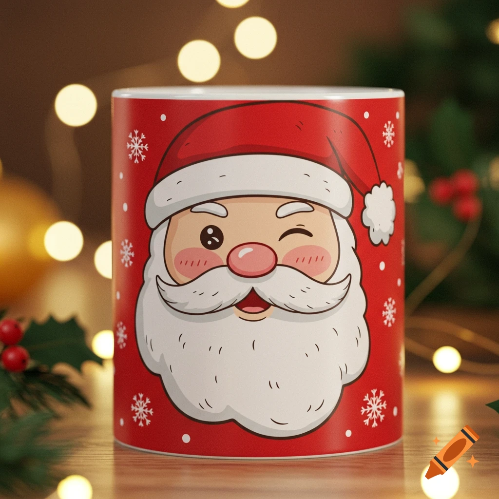 A red Christmas mug featuring a cartoon illustration of a winking Santa Claus face and snowflakes, with blurred festive lights in the background.