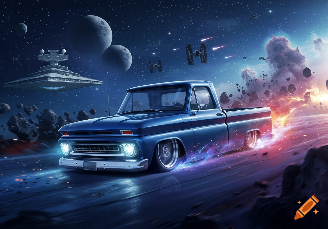 A blue squatted Chevy truck races through a vibrant Star Wars space scene with a Star Destroyer, TIE fighters, planets, and asteroids.