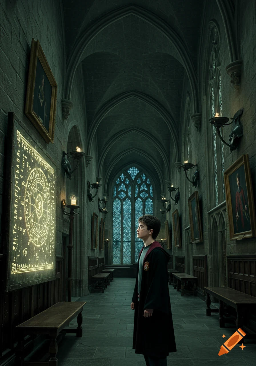 Harry Potter in a dark, high-ceilinged Hogwarts hallway, looking at a glowing magical tablet on the wall. Photorealistic style.
