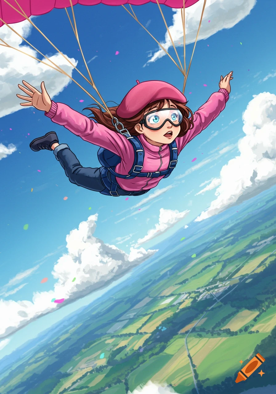Cartoon girl in pink beret and jacket, goggles, skydiving with a pink parachute over a green landscape.