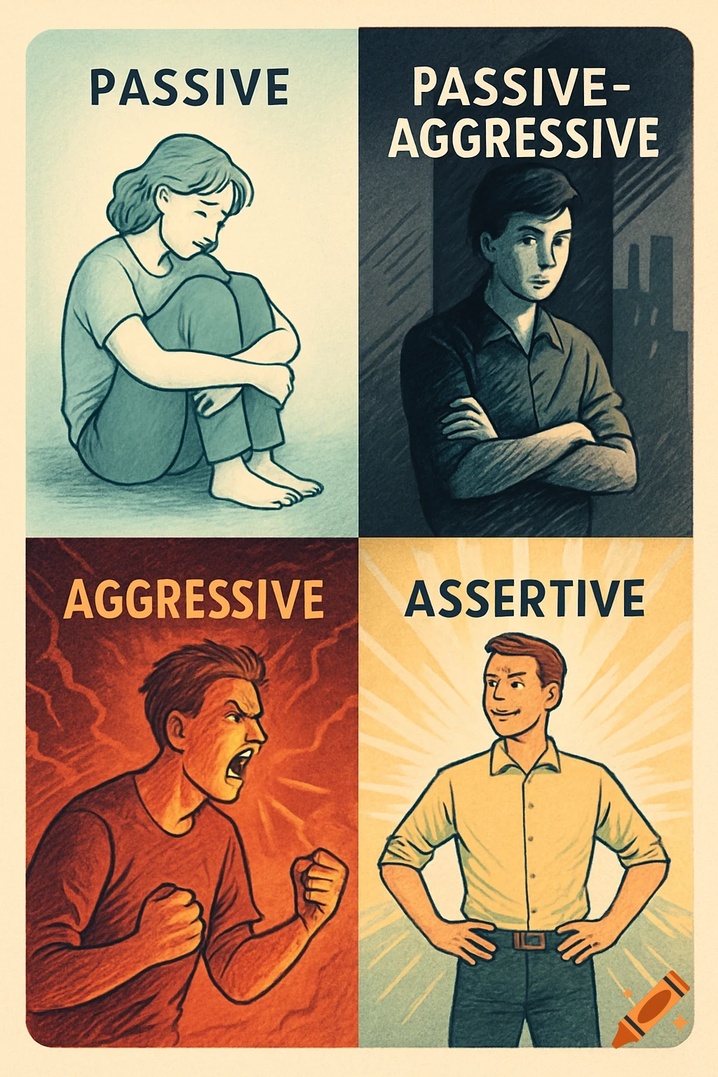 Illustrated diagram showing four communication styles: passive, passive-aggressive, aggressive, and assertive.