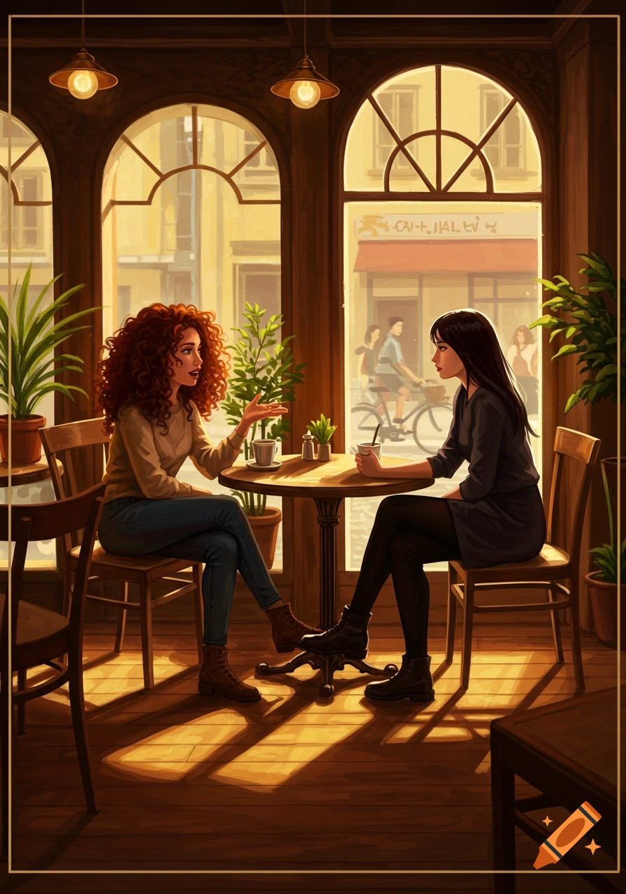 Two women with warm drinks talk at a wooden table in a sunlit cafe with large arched windows, digital art style.