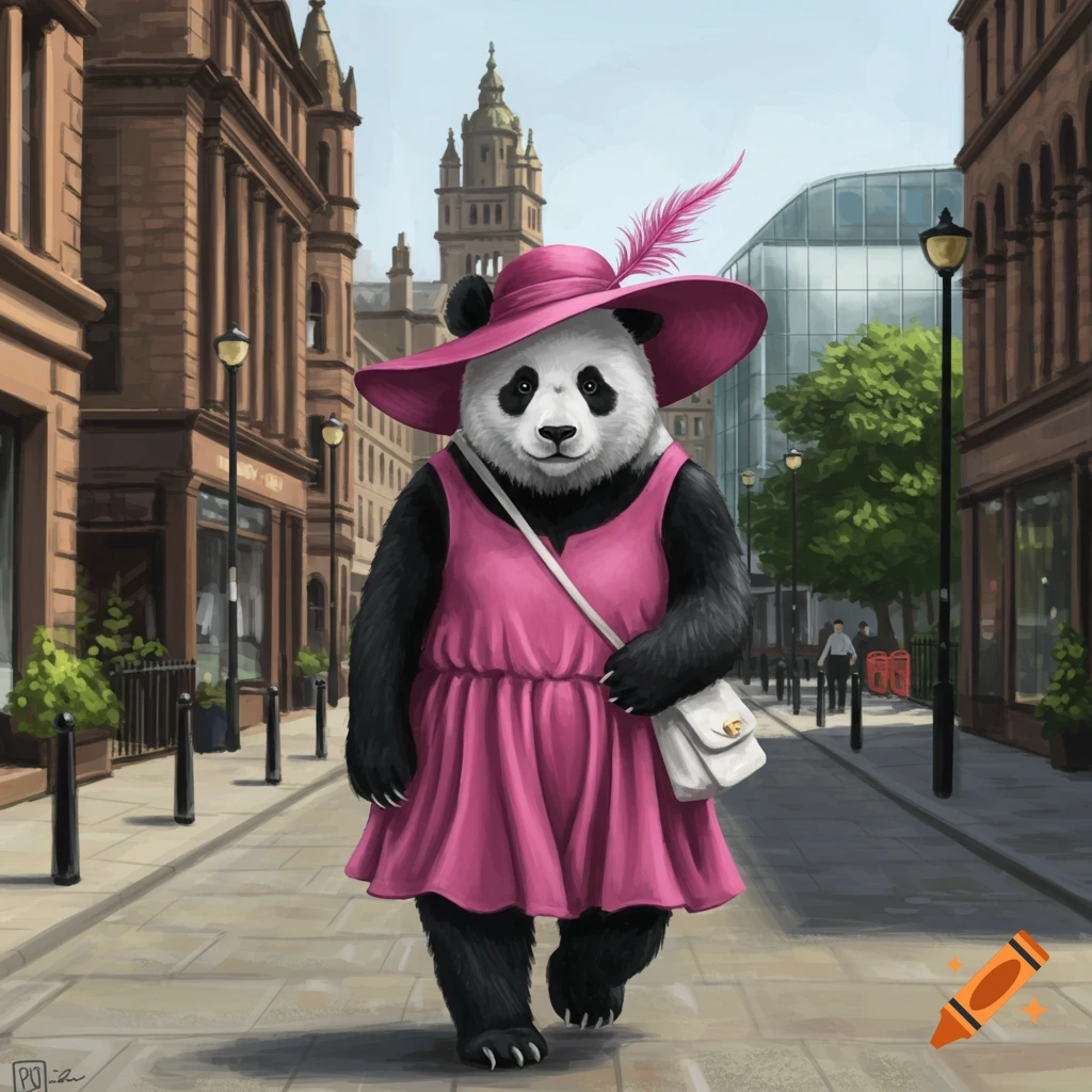 A panda in a pink hat and dress walks on a city street, carrying a white bag.