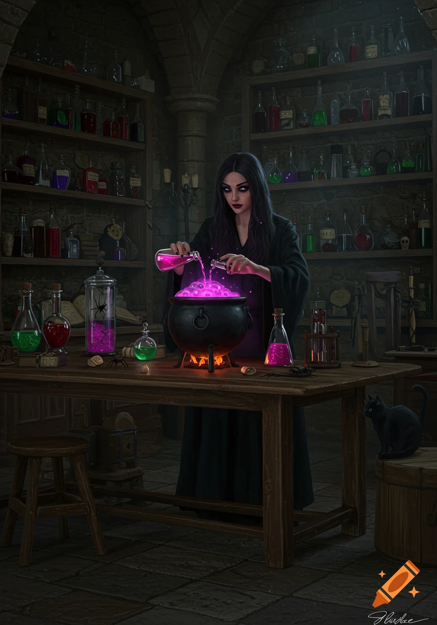 A young witch with dark hair pours a glowing pink potion into a cauldron in a gothic laboratory, surrounded by bottles, with a black cat.