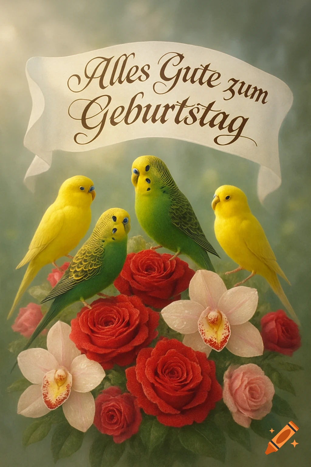 Four budgies (three yellow, one green) perch on red roses and light pink orchids under a banner reading 'Alles Gute zum Geburtstag'.