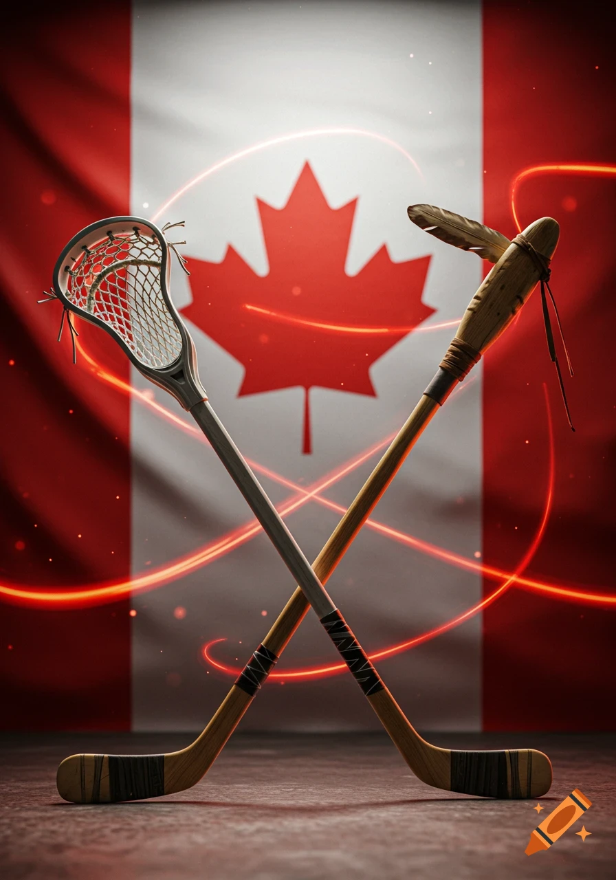 A lacrosse stick, a hockey stick, and an atlatl are crossed in front of a waving Canadian flag.