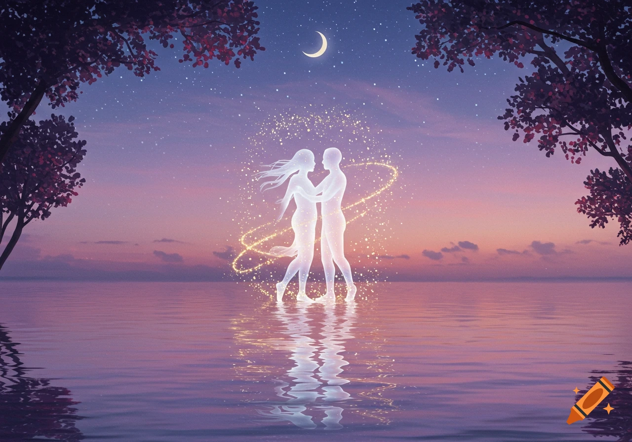 Ethereal glowing figures embracing over water at twilight under a starry sky with a crescent moon, framed by trees. Romantic fantasy art.