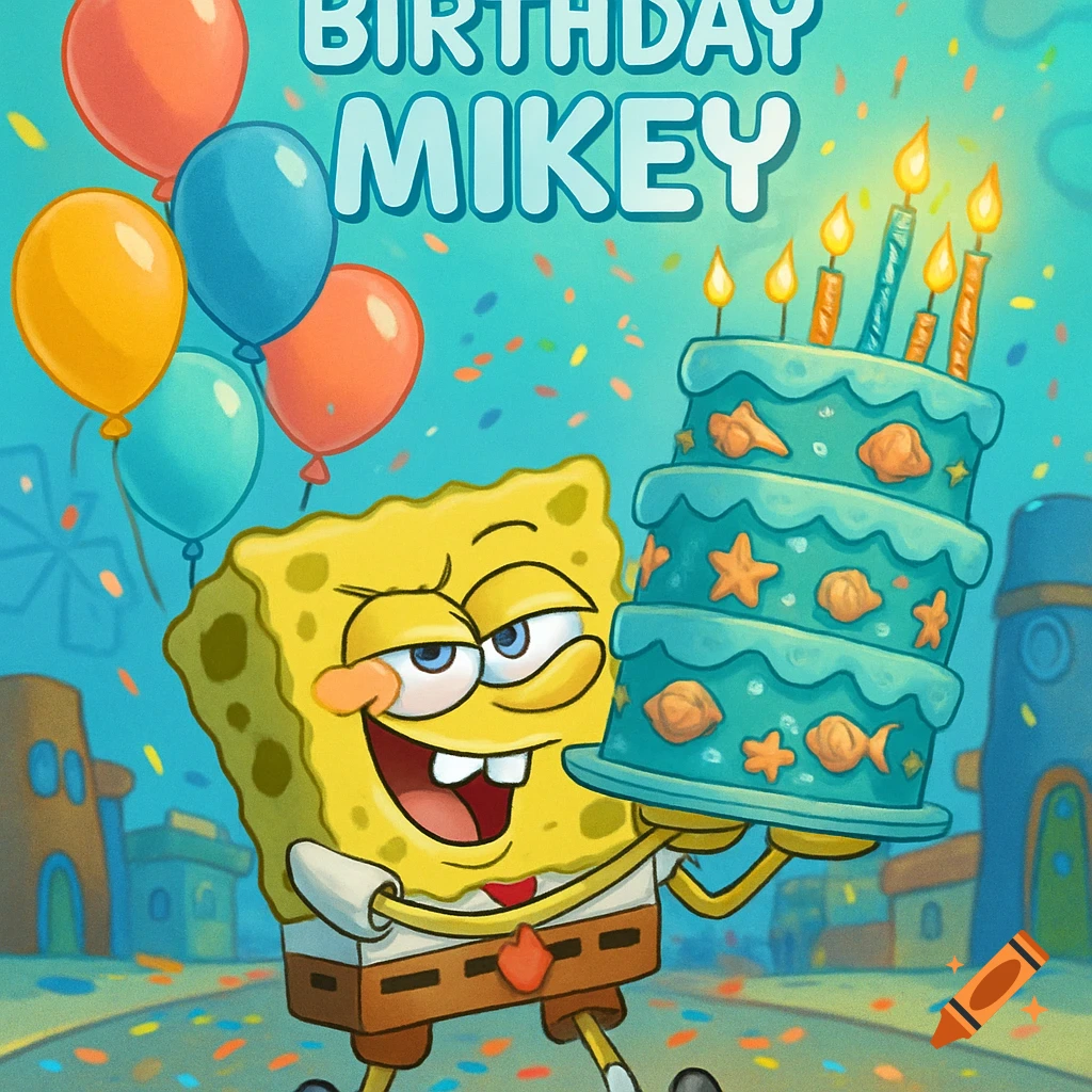 Spongebob Squarepants holds a birthday cake, surrounded by balloons and confetti, with 'HAPPY BIRTHDAY MIKEY' at the top, in a vibrant cartoon style.