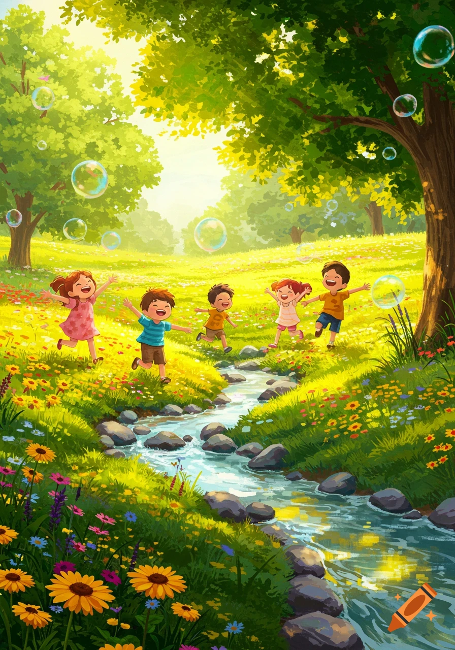 Cheerful children play in a sunny meadow with a stream, flowers, trees, and floating bubbles, in an illustration.