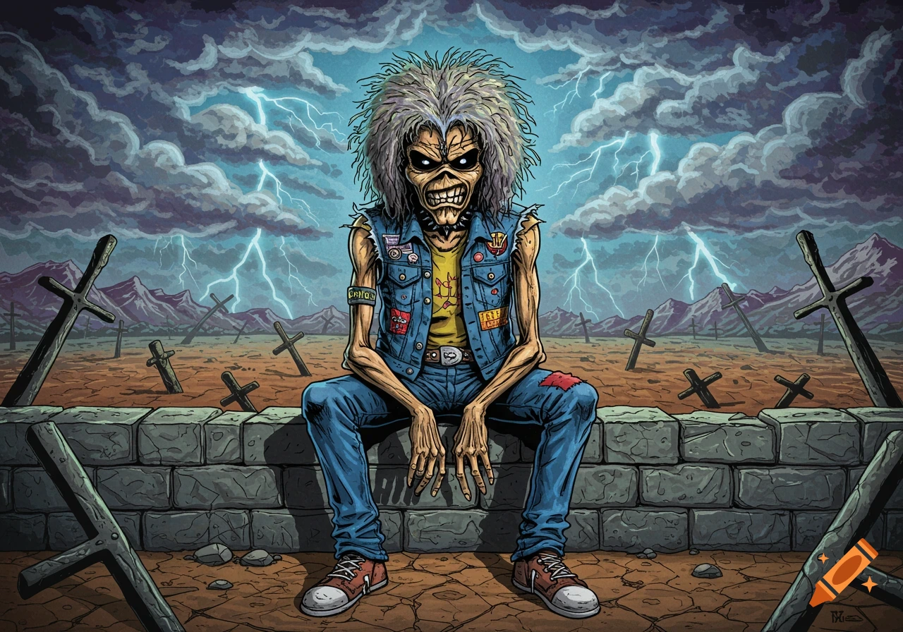 A cartoon illustration of Iron Maiden's mascot, Eddie, a zombie-like figure with wild gray hair, wearing a ripped denim vest and jeans, sitting on a stone wall in a desolate landscape with crosses under a stormy, lightning-filled sky.