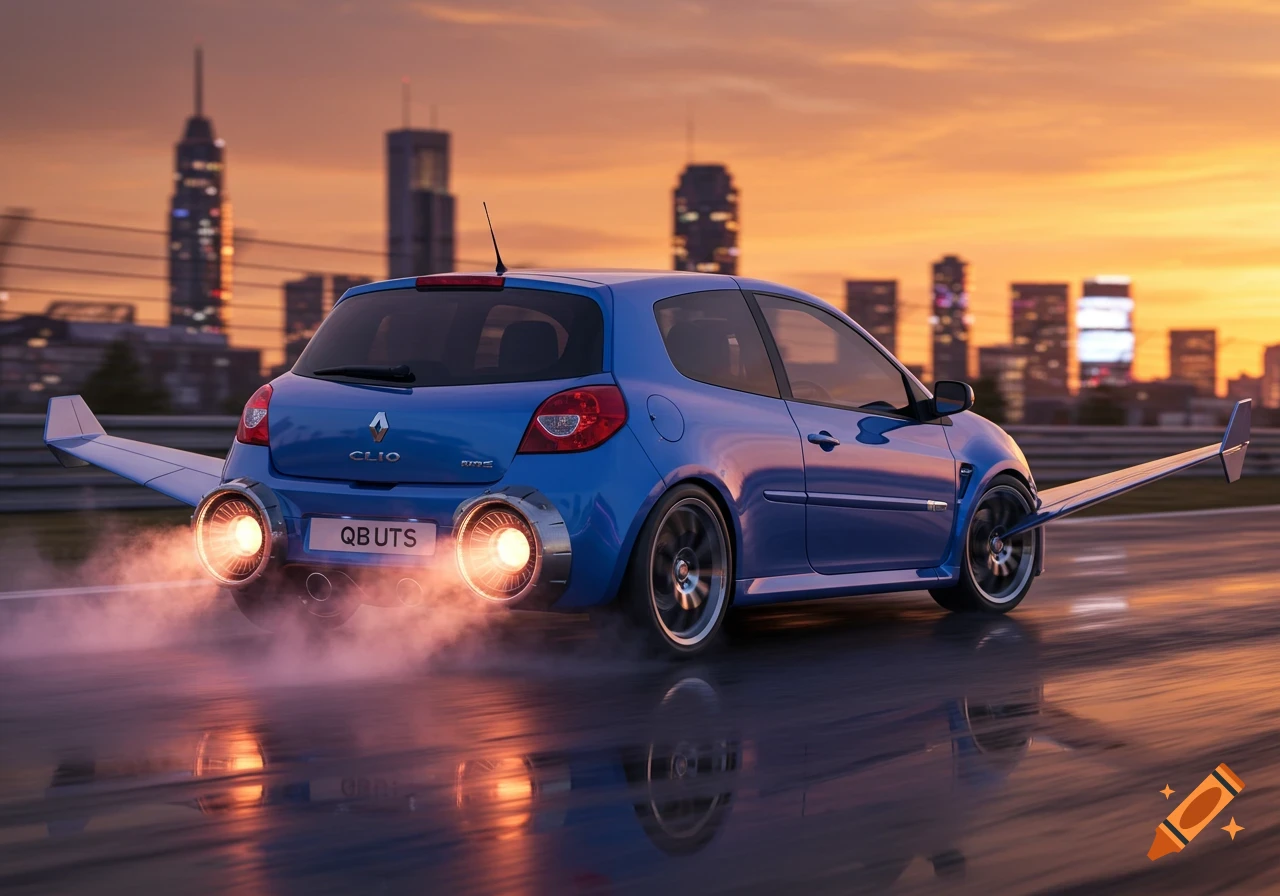 A blue Renault Clio with jet engines and wings speeds on a wet road at sunset, city skyline behind.
