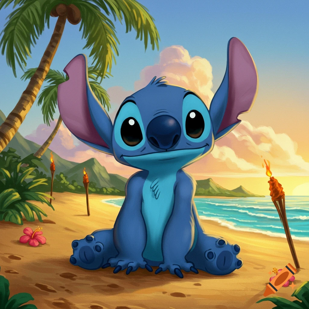 Stitch, a cute blue alien character, sits on a sandy tropical beach with palm trees and tiki torches.