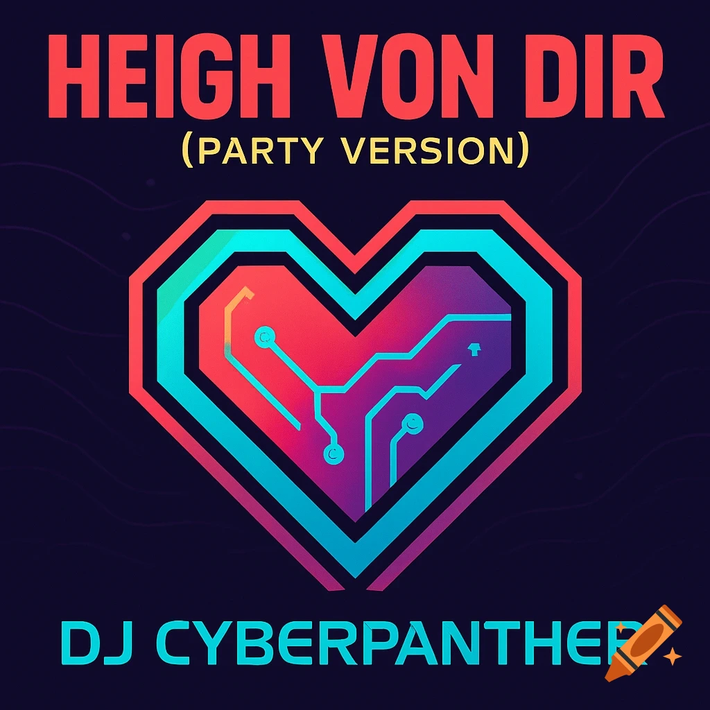 Futuristic album cover with a vibrant red and blue heart made of circuit board lines. Text reads 'HEIGH VON DIR (PARTY VERSION) DJ CYBERPANTHER'.