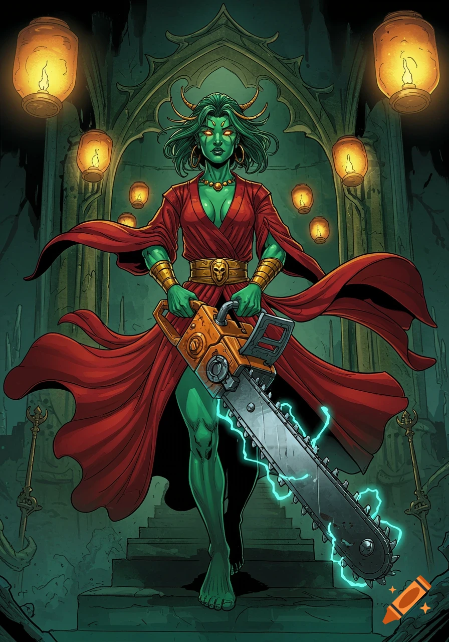 Green-skinned woman with horns, wearing a red robe, holding a glowing chainsaw under a gothic archway. Comic art style.