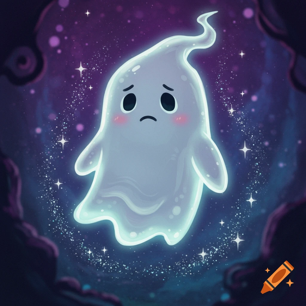 A cute, translucent, glowing cartoon ghost with a sad expression floats in a mystical purple background with sparkles.