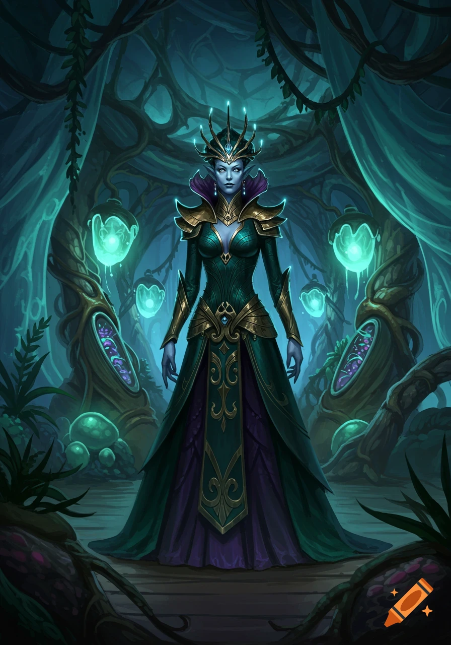 Blue-skinned fantasy queen in an ornate green and gold gown and crown, standing in an ethereal, glowing teal forest.