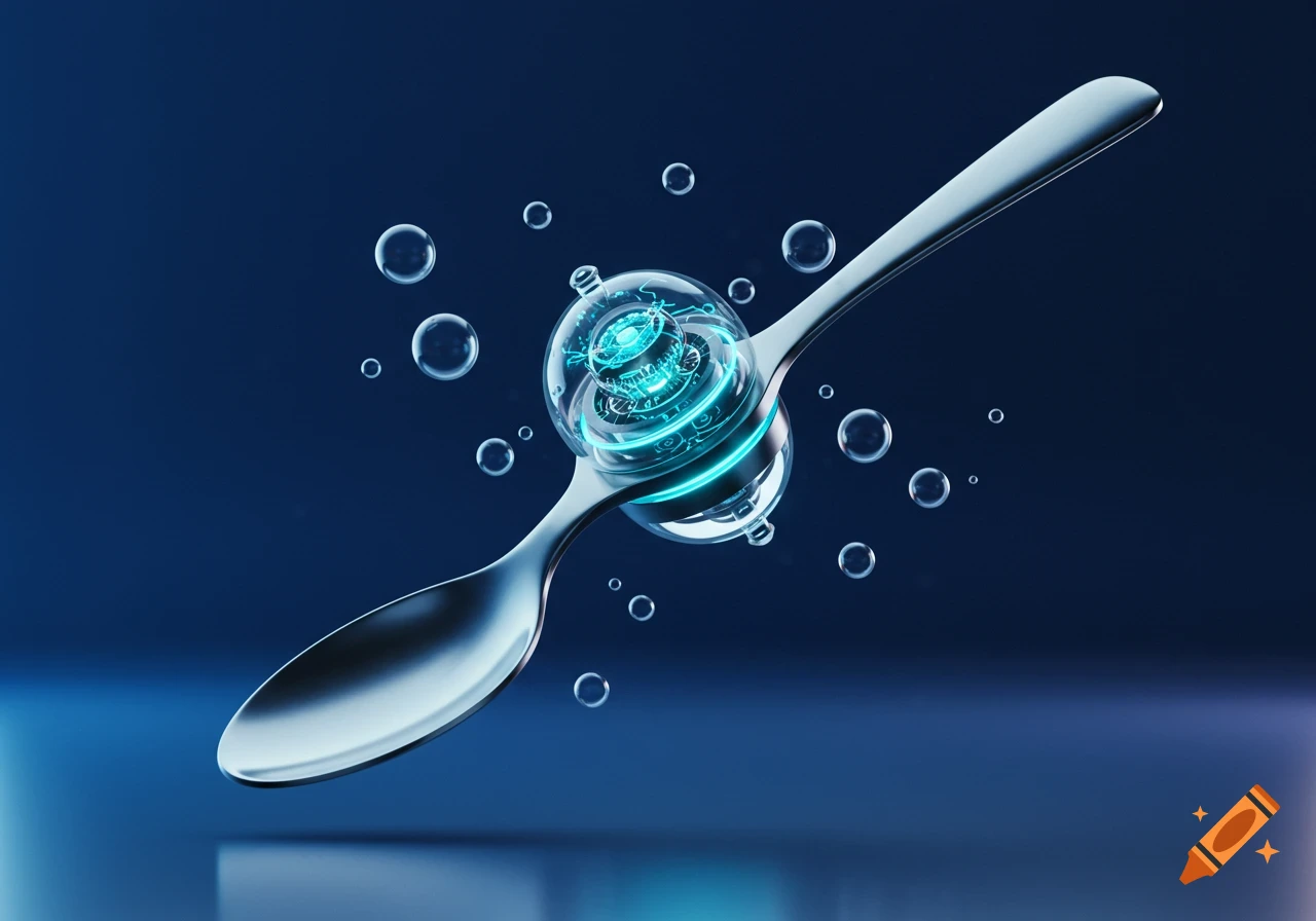 A silver spoon with a glowing blue gyroscopic mechanism centered on its handle, surrounded by bubbles on a dark blue background.