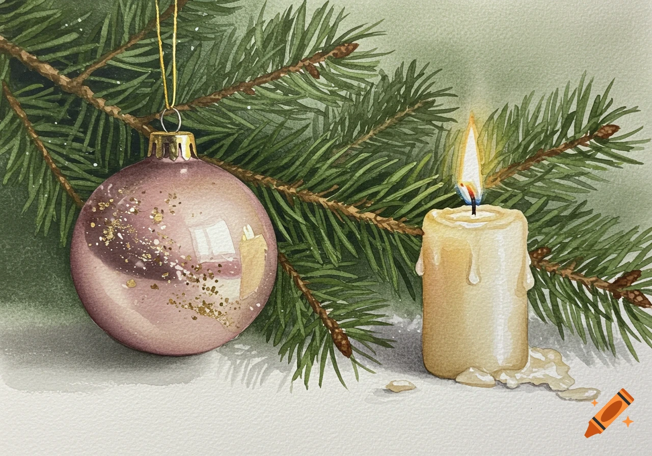 Watercolor painting of a pink glitter Christmas ornament and a lit candle on a fir branch.