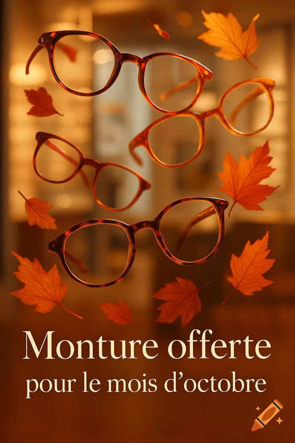 Several tortoise-shell eyeglasses float among falling autumn leaves with French promotional text below on a warm, blurred background.