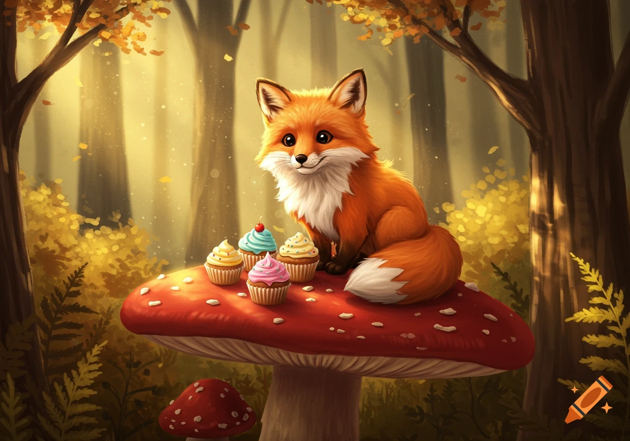 A cute orange fox sits on a large red mushroom with four colorful cupcakes in an autumnal forest, rendered in a cartoon style.