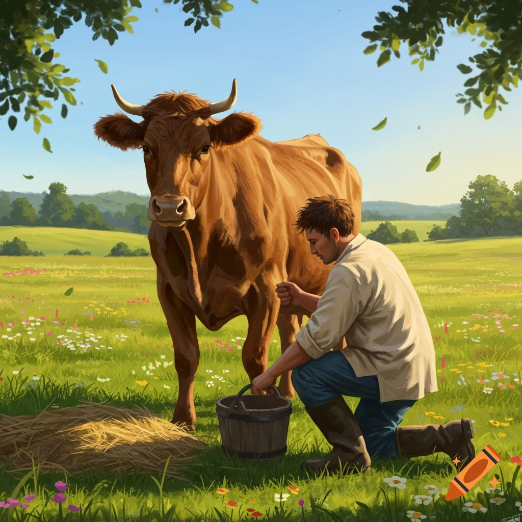 A man kneels to milk a brown cow in a sunny, wildflower-filled green field, in an illustrative style.