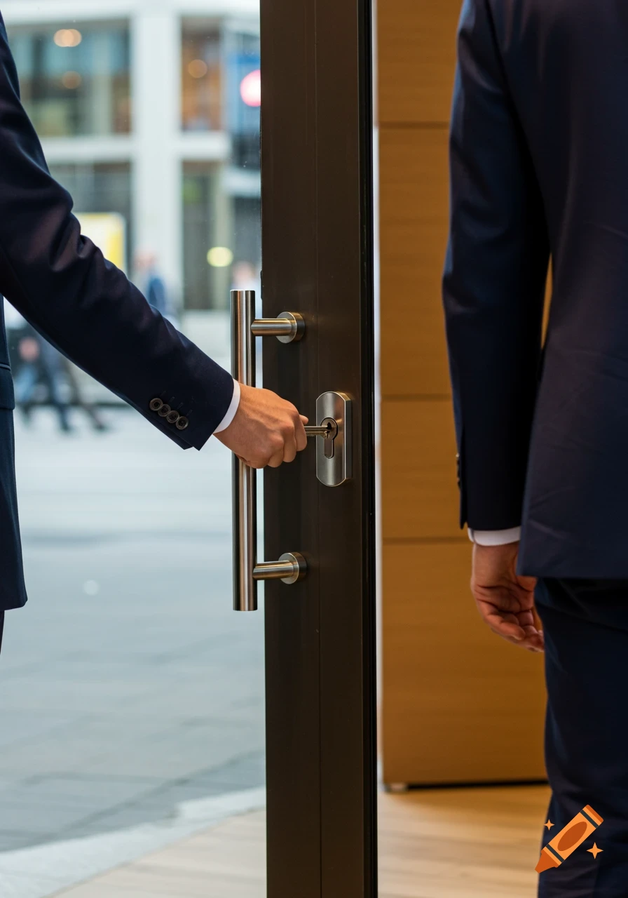Photorealistic image of a man in a suit from behind, unlocking a business door.